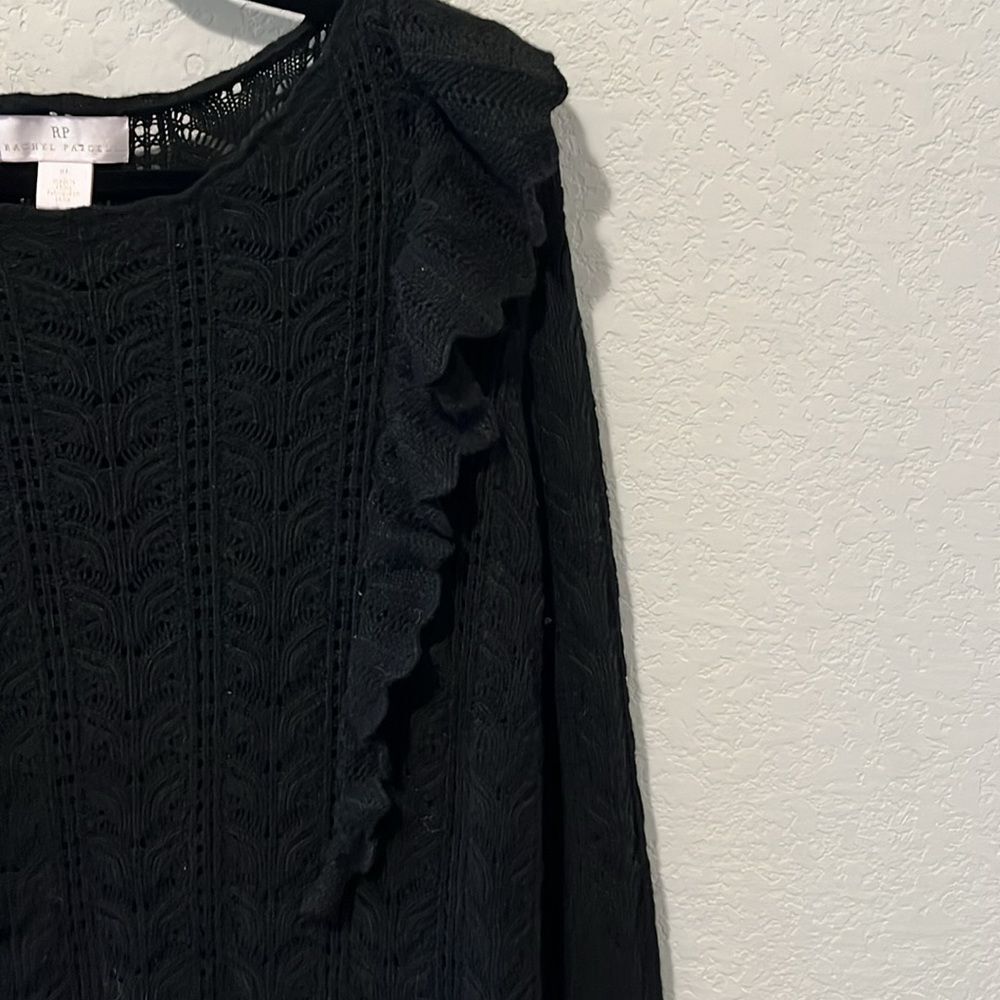 RACHEL PARCELL Black Pointelle Ruffle Lacy Knit Pullover Sweater, Size XL - Picture 5 of 11